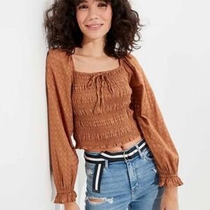 American Eagle Smocked Long Sleeve Blouse Tan Sz Small